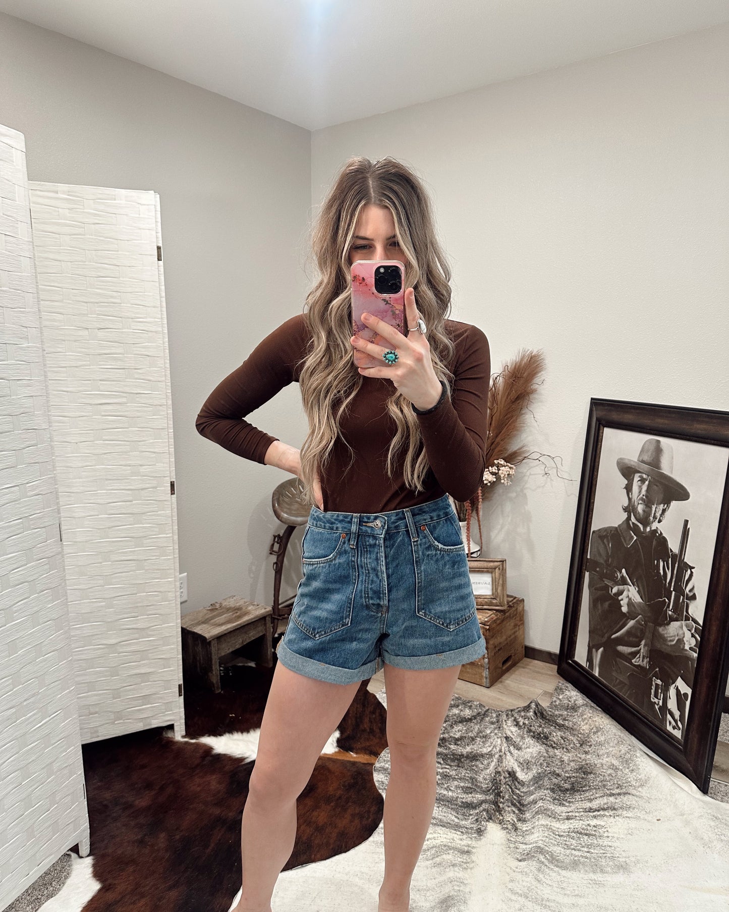 Western Pocket Rolled Hem Denim Shorts