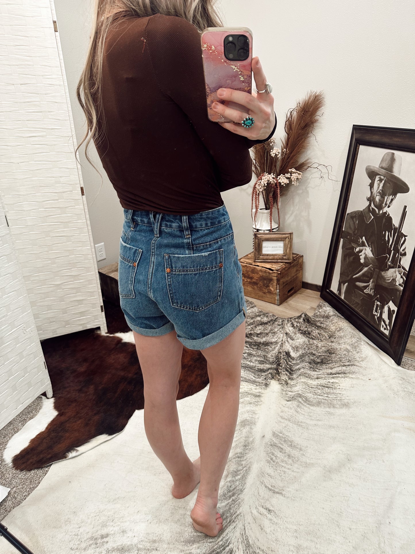 Western Pocket Rolled Hem Denim Shorts