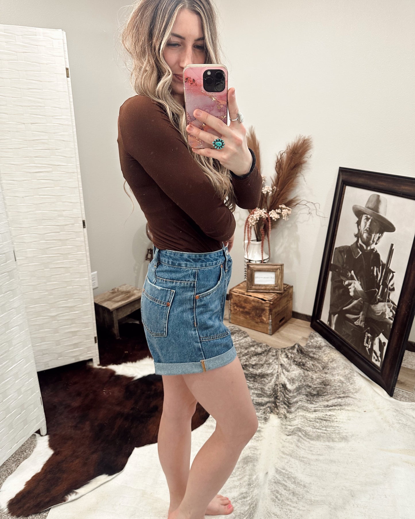 Western Pocket Rolled Hem Denim Shorts