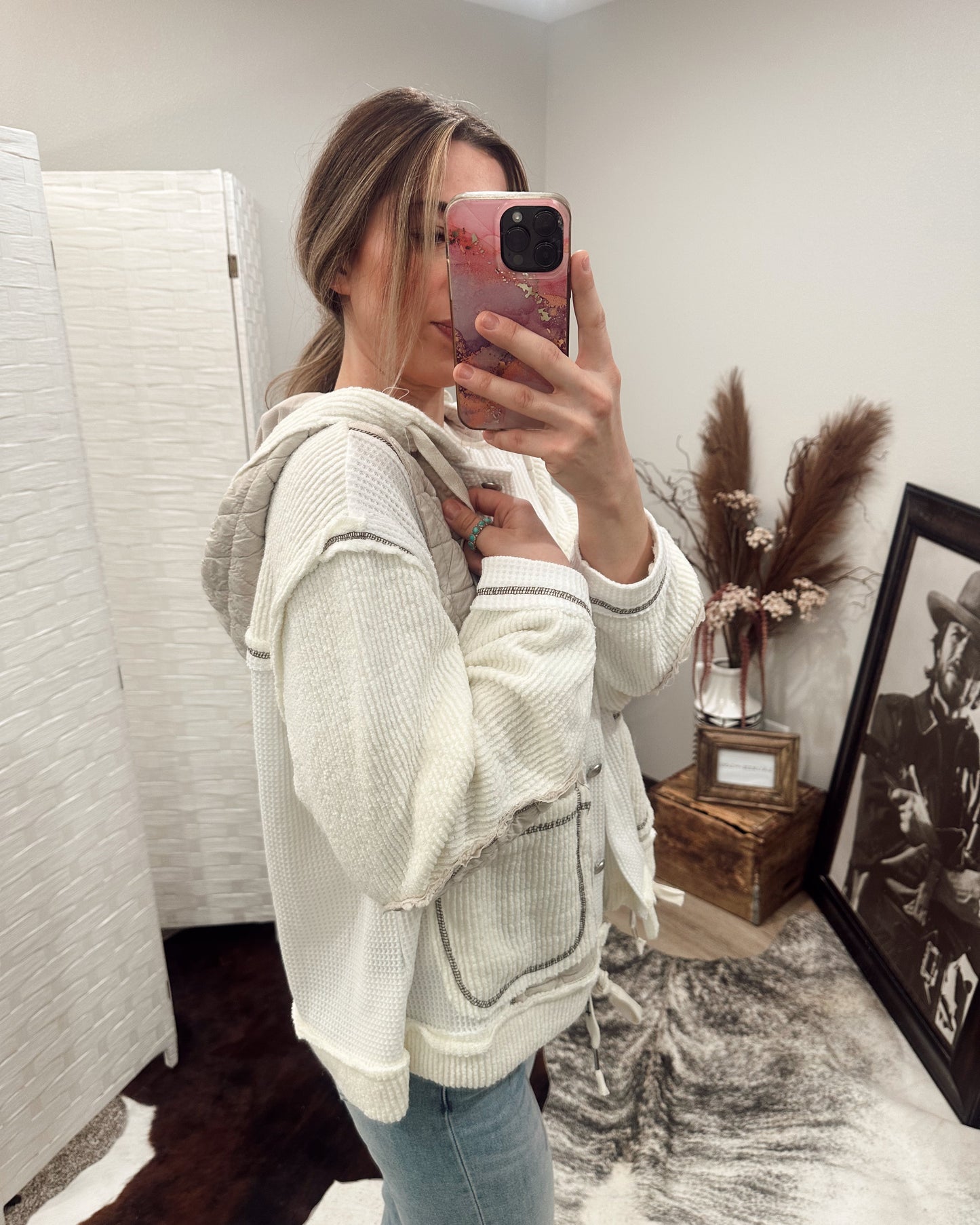 Multi-Fabric Hooded Button Down Shacked