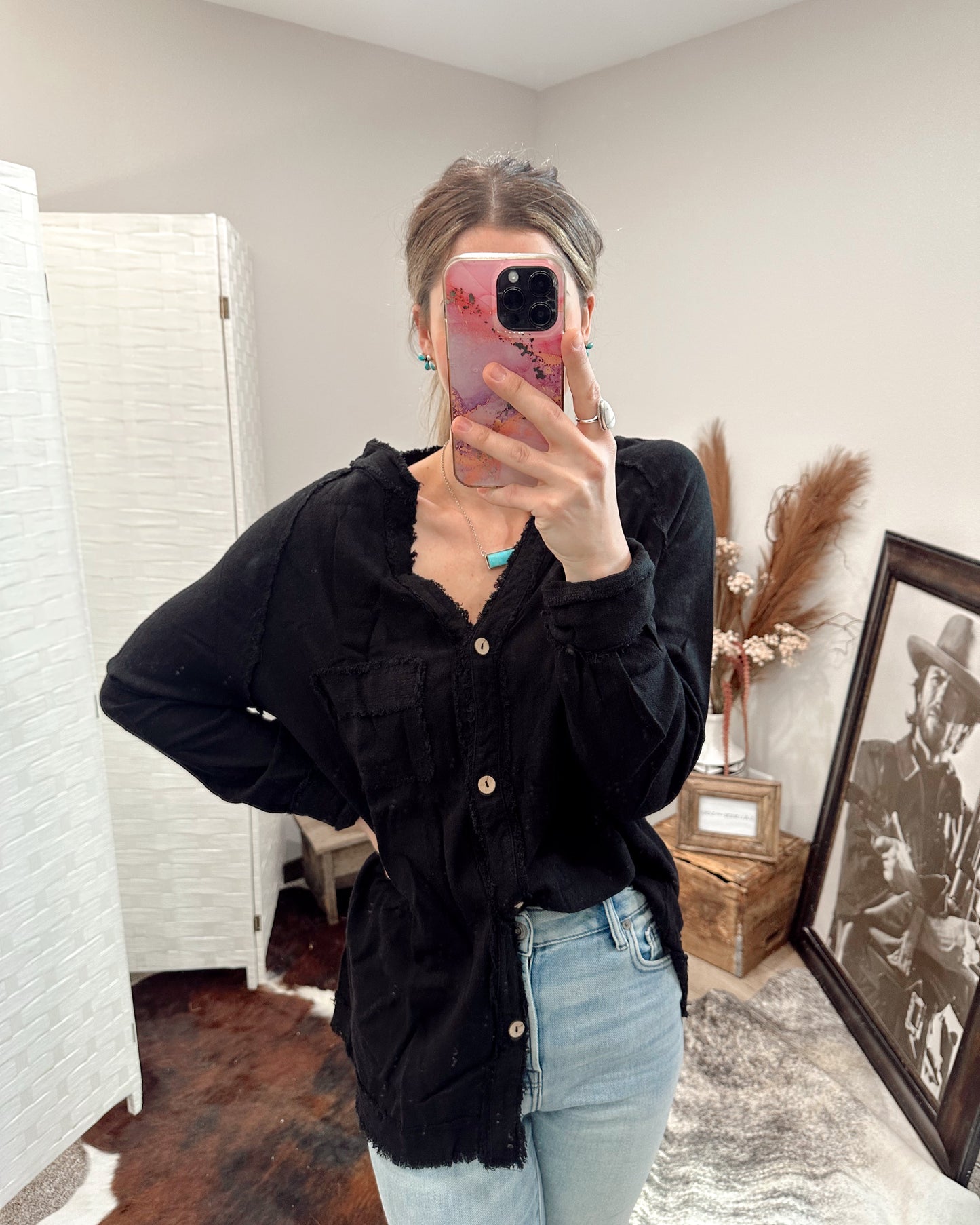 Canyon Breeze Raw Edge Tunic in Black