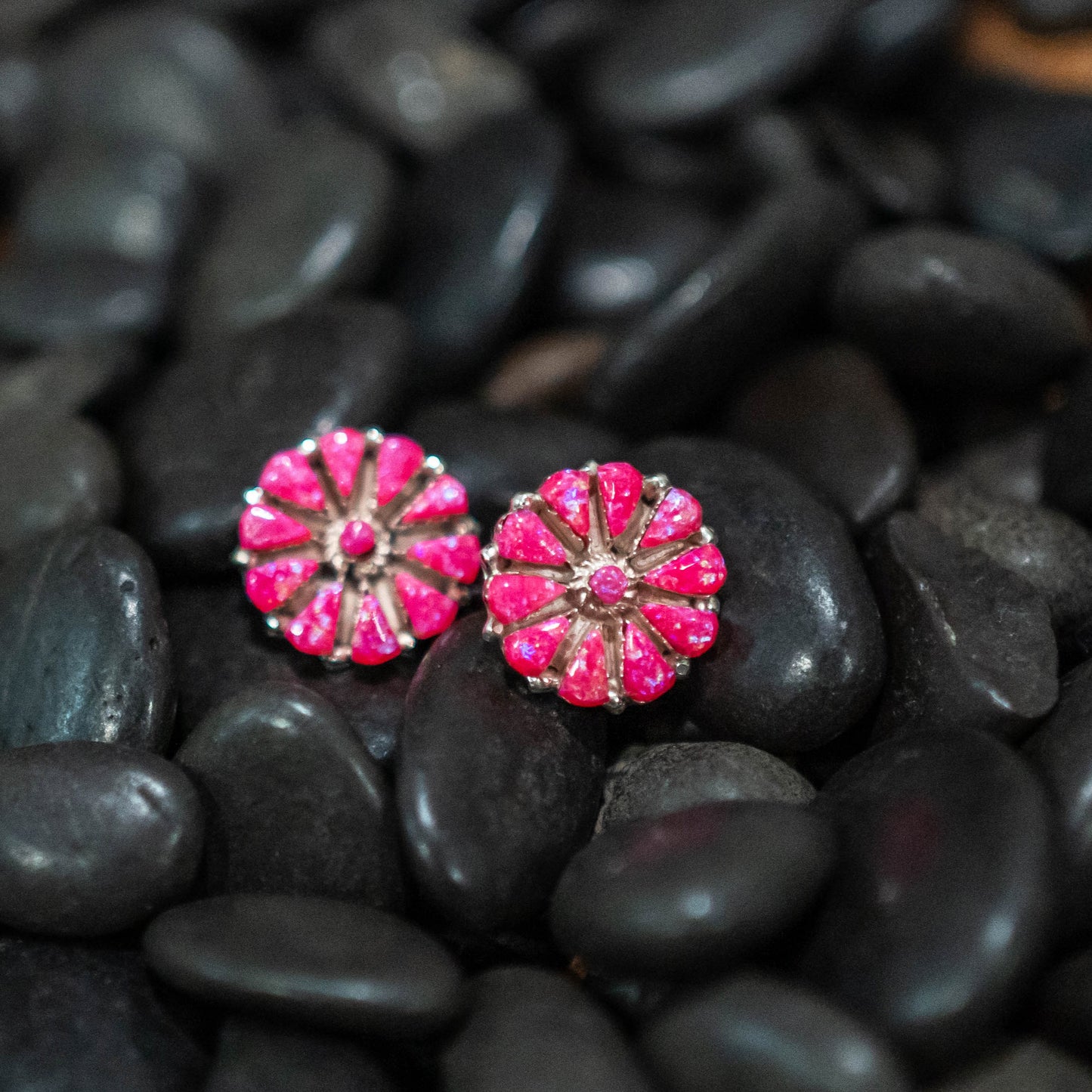 Pink Opal Flower Stud Earrings