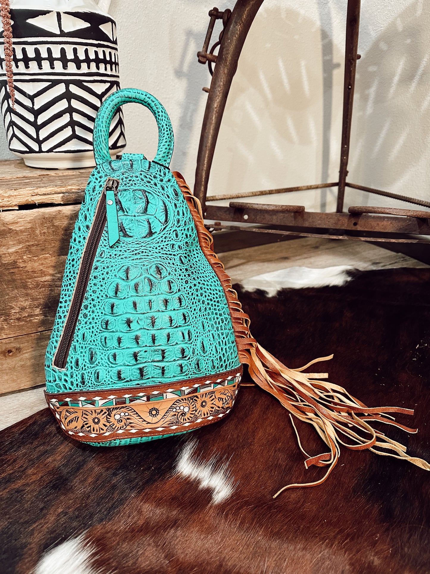 Turquoise Croc Fringe Sling