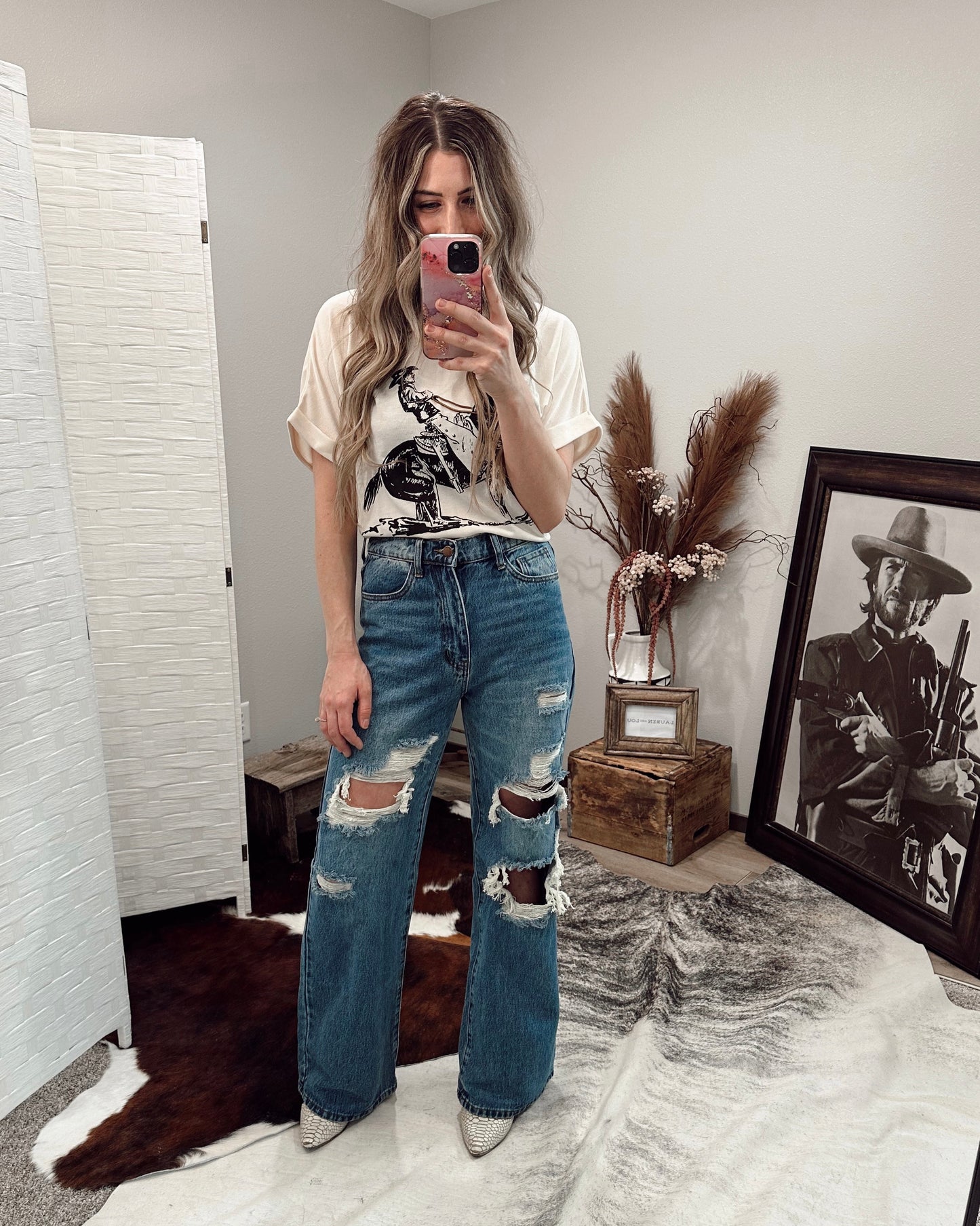 Distressed High Rise Wide Leg Jean