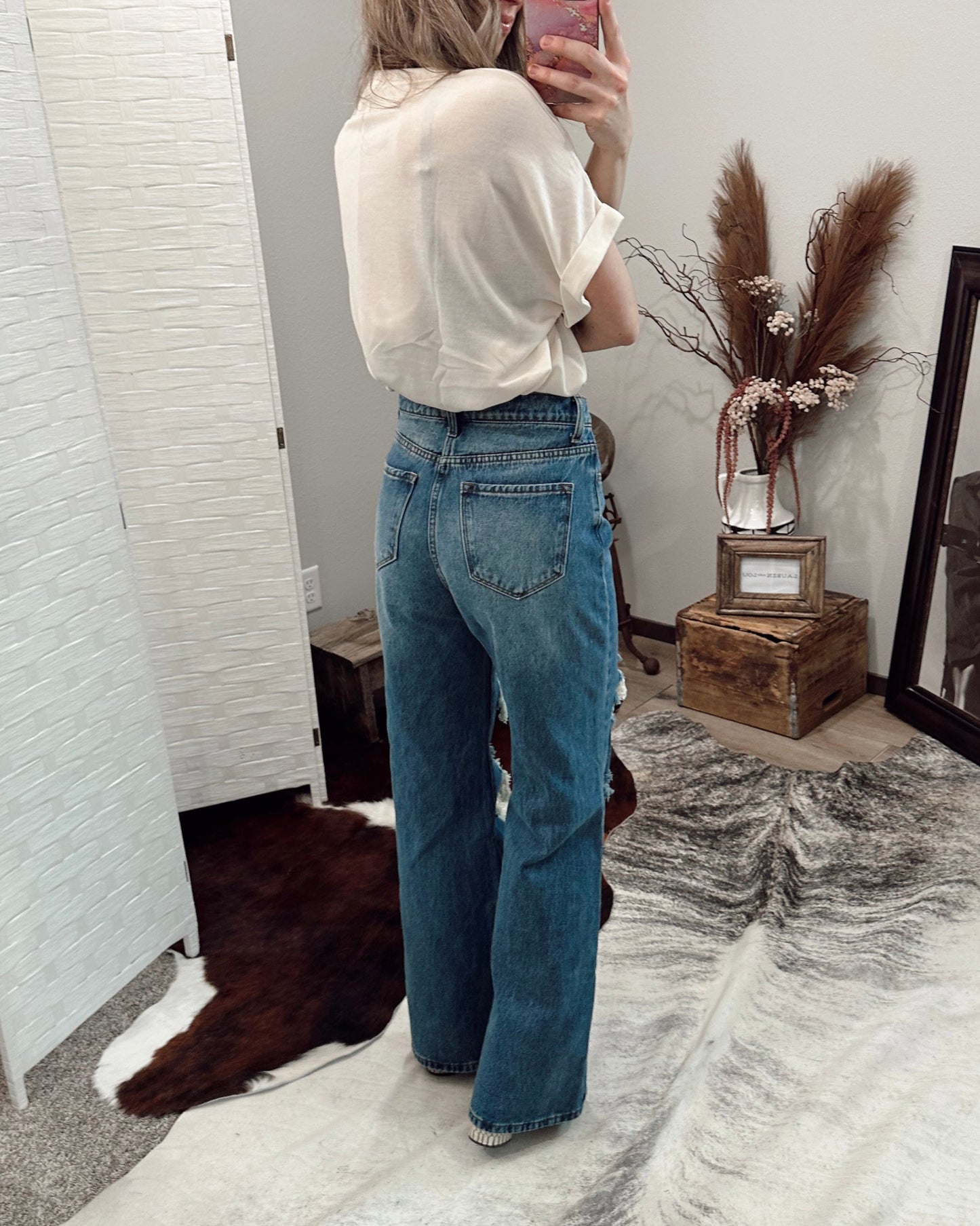 Distressed High Rise Wide Leg Jean